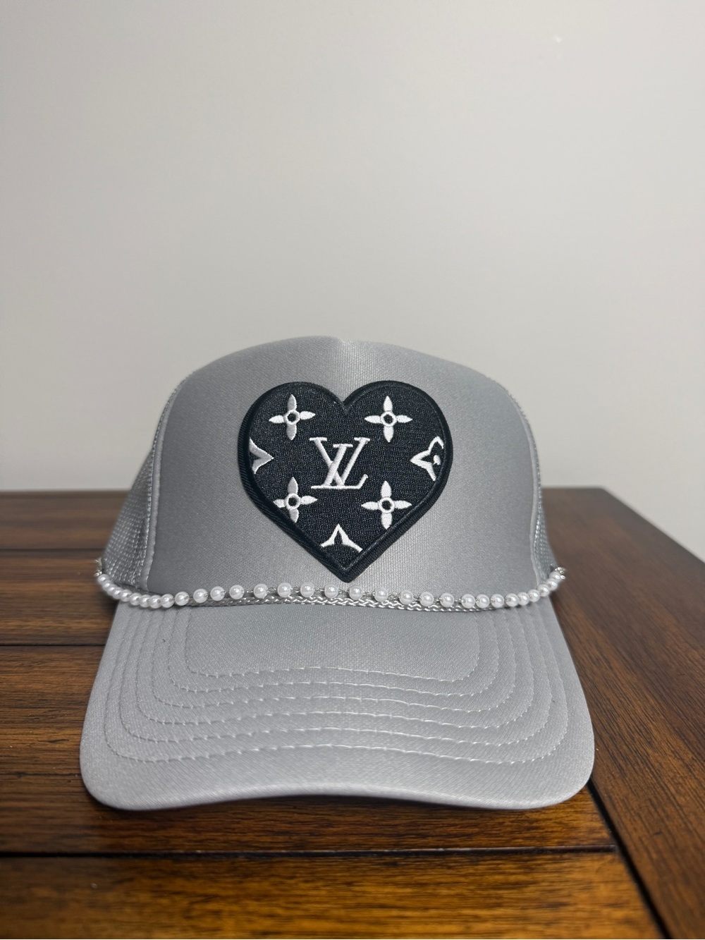 Gray Mesh Trucker Hat Adjustable One Size w/ LV Heart Patch & Pearl Trim Chain